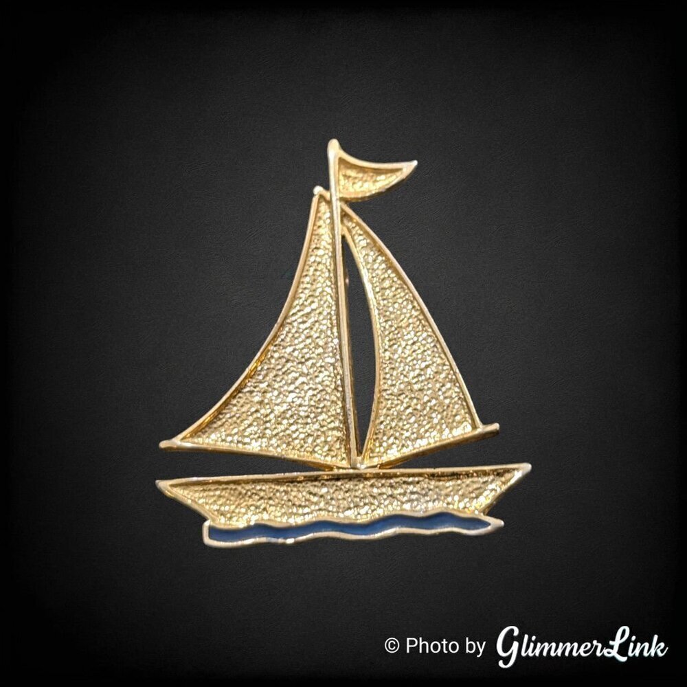 Nautical Figural Sail Boat Gold Tone Brooch Pin